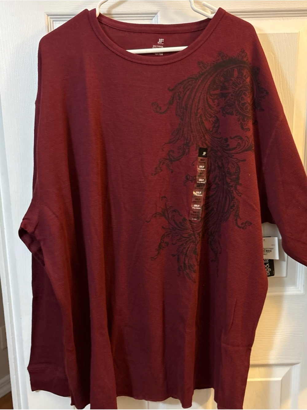 jf j.ferrar Burgundy Long Sleeve Scoop Neck Top with Black Scroll Design